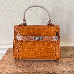 Tan Orange Croc Emboss Mini KL 20 Bag Silver HW Crossbody Satchel Lock Key S13